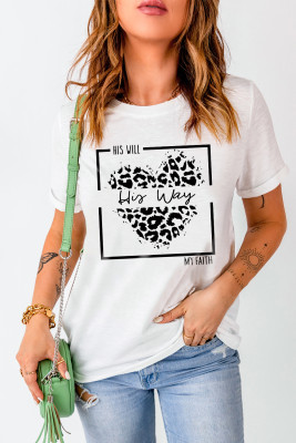 White Leopard Print Heart My Faith Graphic T Shirt