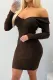 Brown Off the Shoulder Ribbed Bodycon Mini Dress