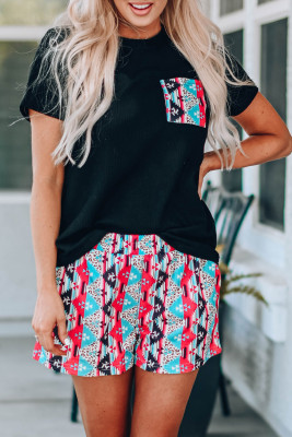 Black Aztec Pocketed Tee and Shorts Set