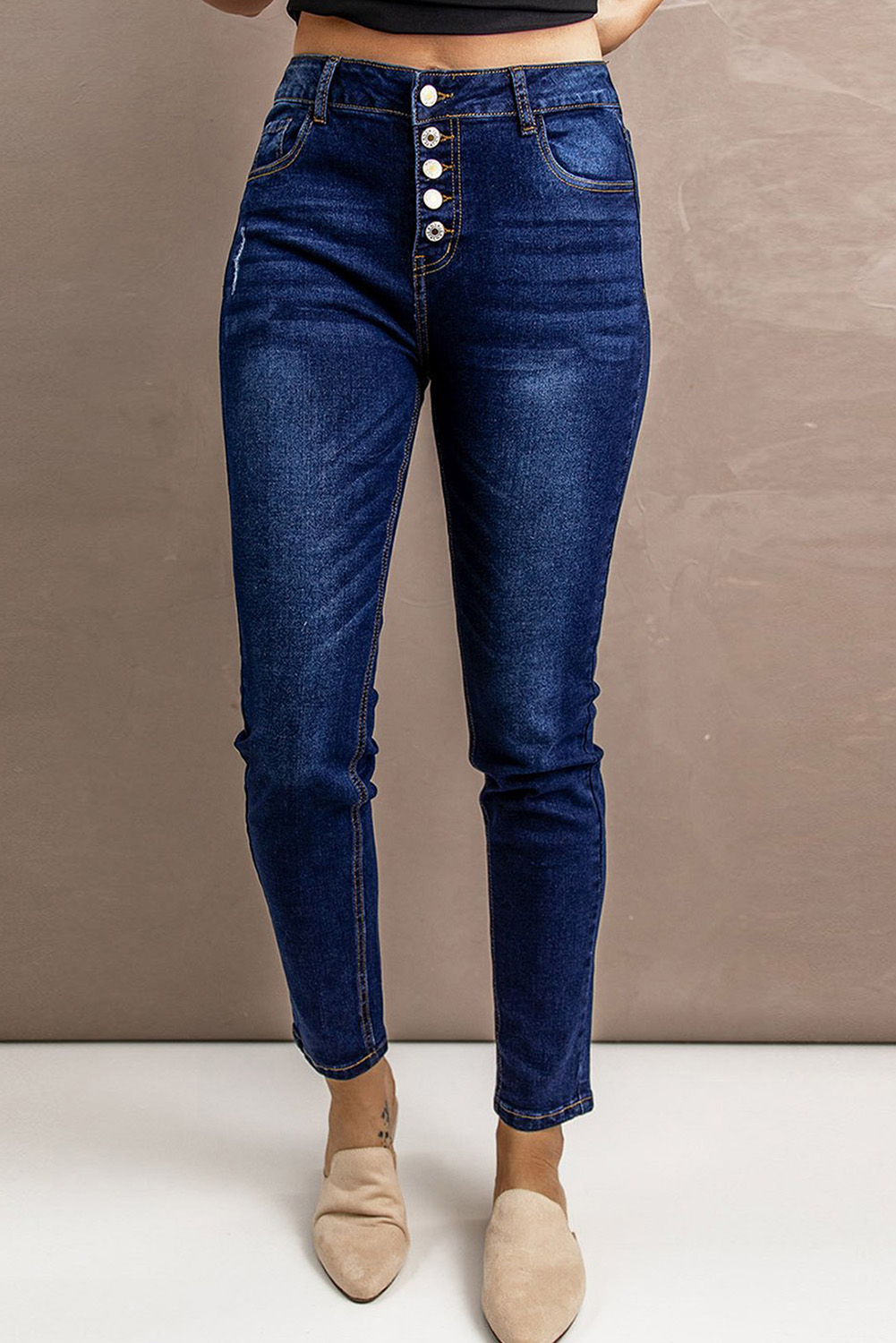 US$ 12.42 Drop-shipping Blue Multiple Buttons Skinny Jeans for Women