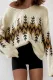 Beige Slouchy Fit Christmas Tree Print V Neck Knit Sweater