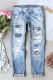 Sky Blue Cherry Blossom Leopard Pattern Patchwork Distressed Jeans