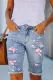 Sky Blue Sakura Print Flamingo Patches Frayed Denim Bermuda Shorts