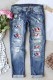 Sky Blue American Flag Pattern Patchwork Frayed Mid Rise Jeans