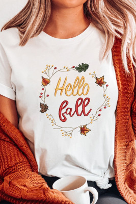 White Hello Fall Embroidered Short Sleeve Graphic Tee