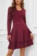 Wine Fiery Red Long Sleeve V Neck Tiered Ruffle A-line Mini Dress