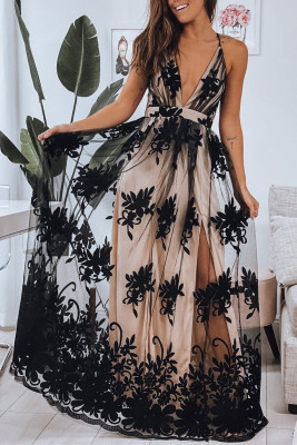 Black Lace Contrast Backless Spaghetti Straps Maxi Dress