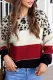 Fiery Red Leopard Colorblock Drop Shoulder Long Sleeve Knitted Sweater