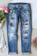Sky Blue Tropical Plant Patchwork Distressed Mid Rise Jeans