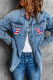 Sky Blue America Flag Heart Print Front Pockets Denim Jacket