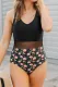Black Floral Print Mesh Splicing One Piece Swimsuit