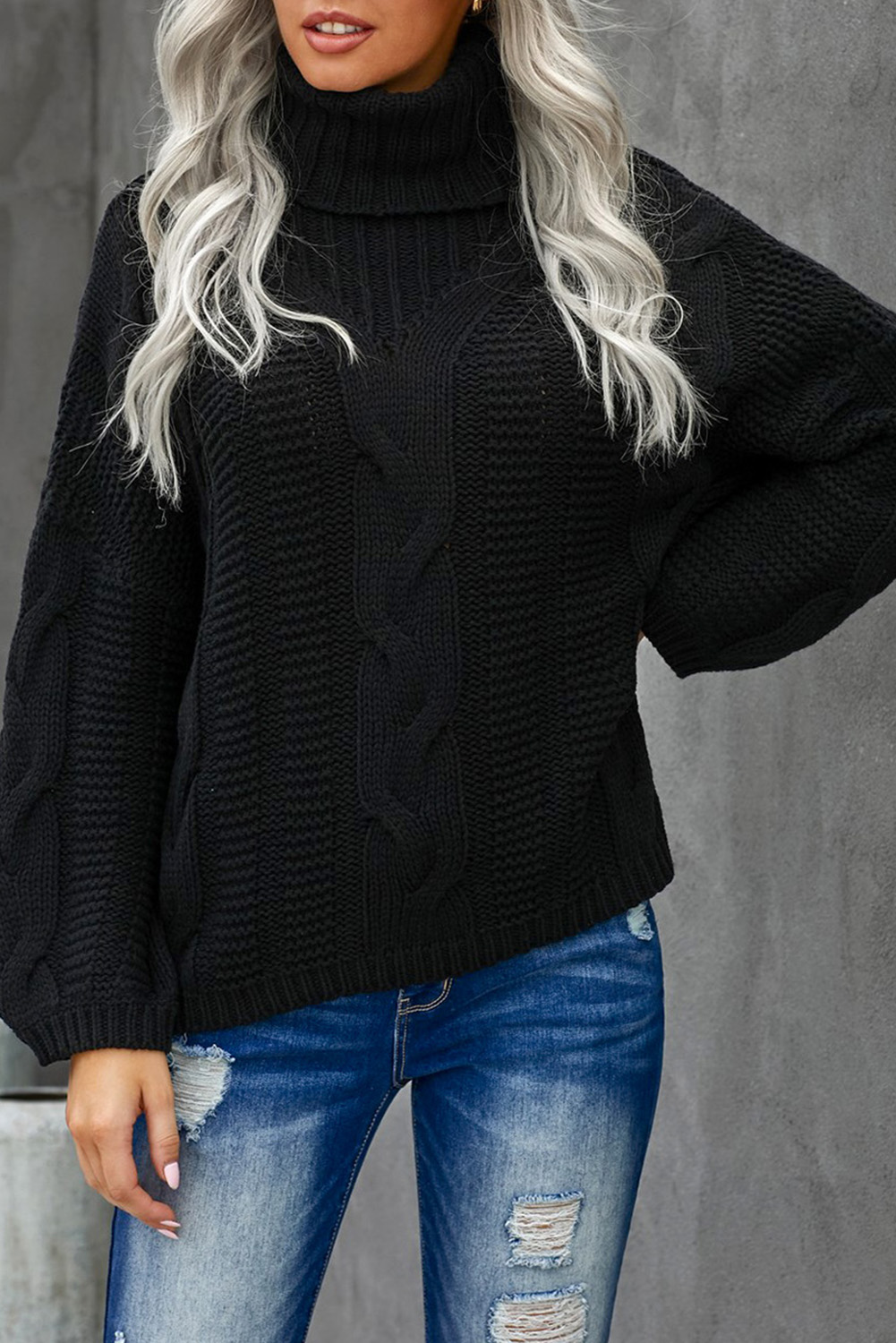 US$ 13.78 Drop-shipping Black Oversize Turtleneck Textured Sweater for ...
