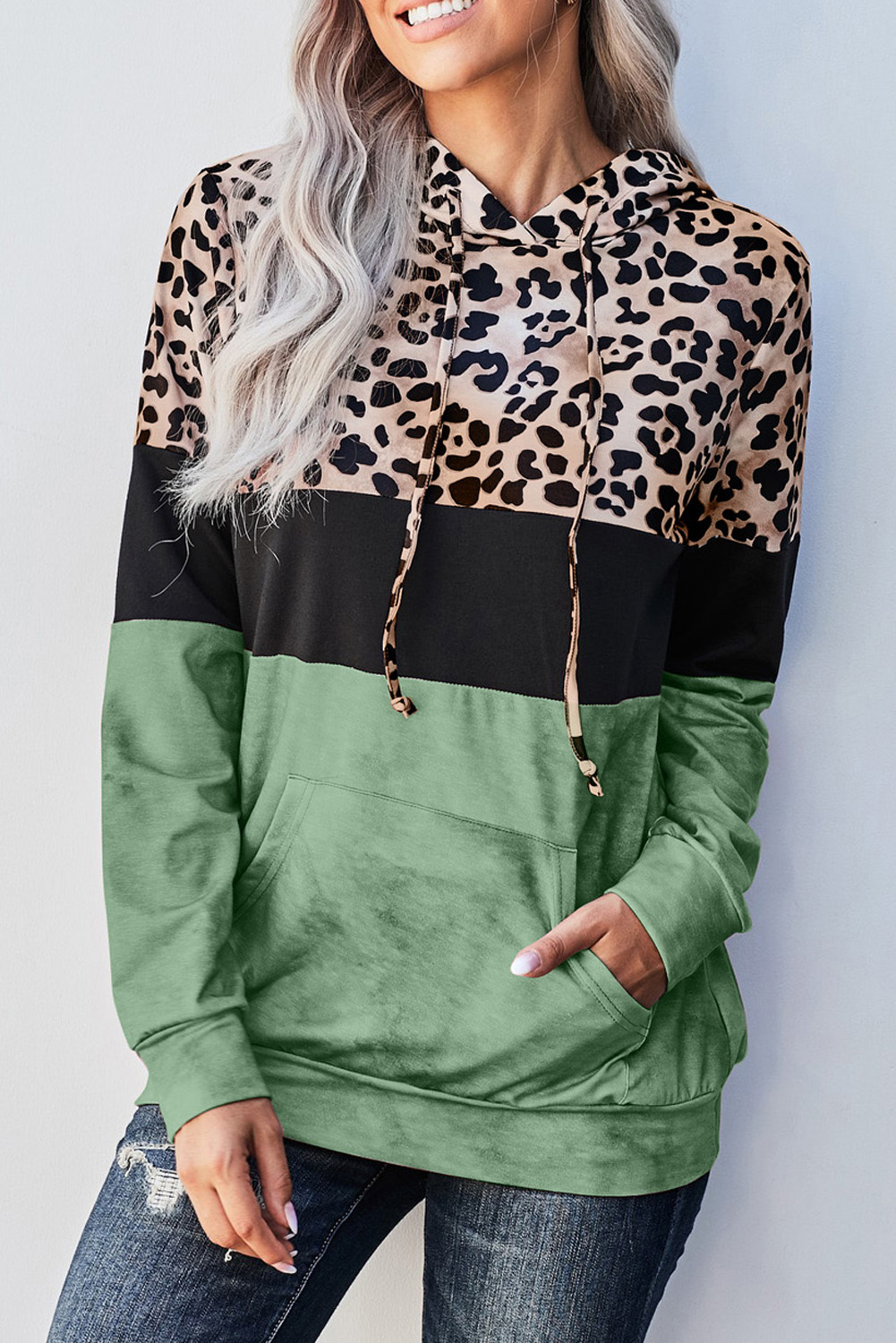 US$ 8.51 Drop-shipping Green Leopard Tie Dye Colorblock Hoodie for Women