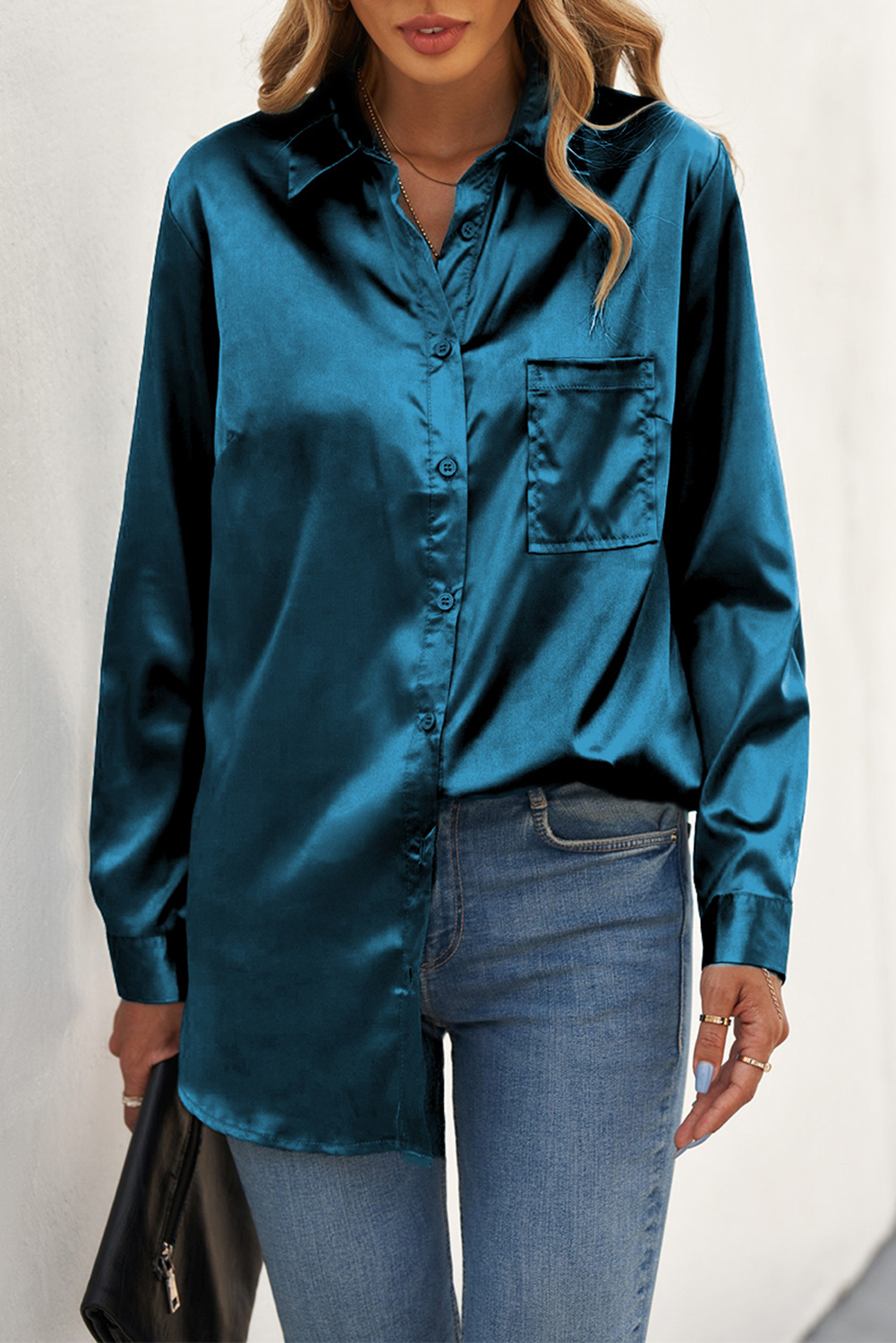 US$ 8.03 Drop-shipping Green Satin Button Shirt with Pocket for Women