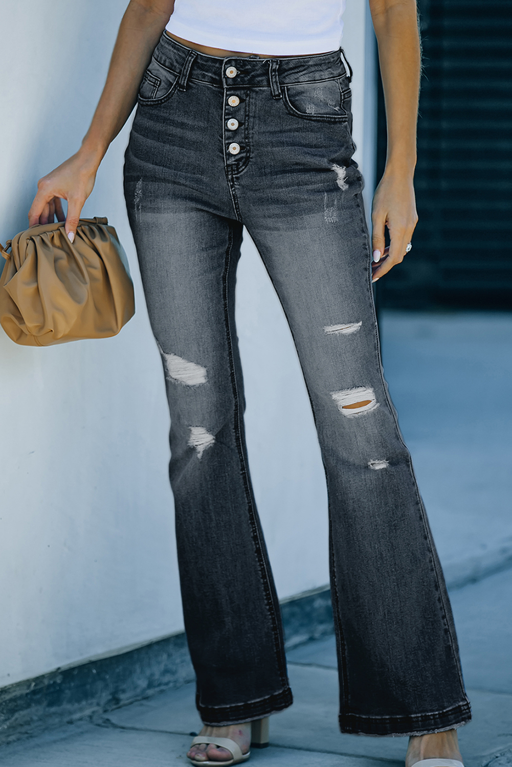 US$ 14.38 Drop-shipping Black Mid Rise Button Front Flare Denim for Women