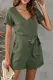 Green V Neck Short Sleeve Buttons Belted Romper with Pockets
