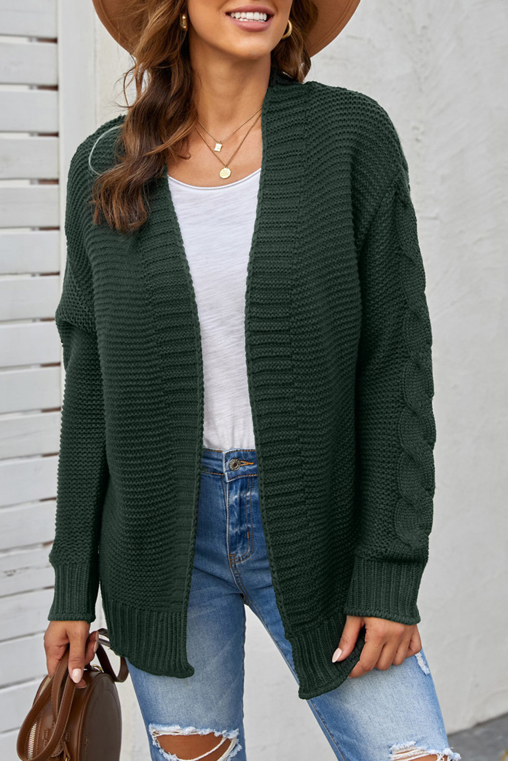US$ 12.63 Drop-shipping Green Open Front Chunky Knit Cardigan for Women