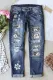 Gray Floral Leopard Print Patchwork Distressed High Waist Jeans