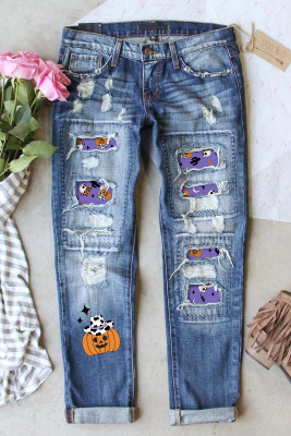 Sky Blue Halloween Pumpkin Pattern Patchwork Distressed Jeans