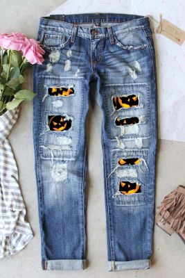 Sky Blue Funny Face Pattern Patchwork Distressed Jeans