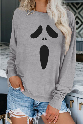 Gray Halloween Ghost Graphic Print Pullover Sweatshirt