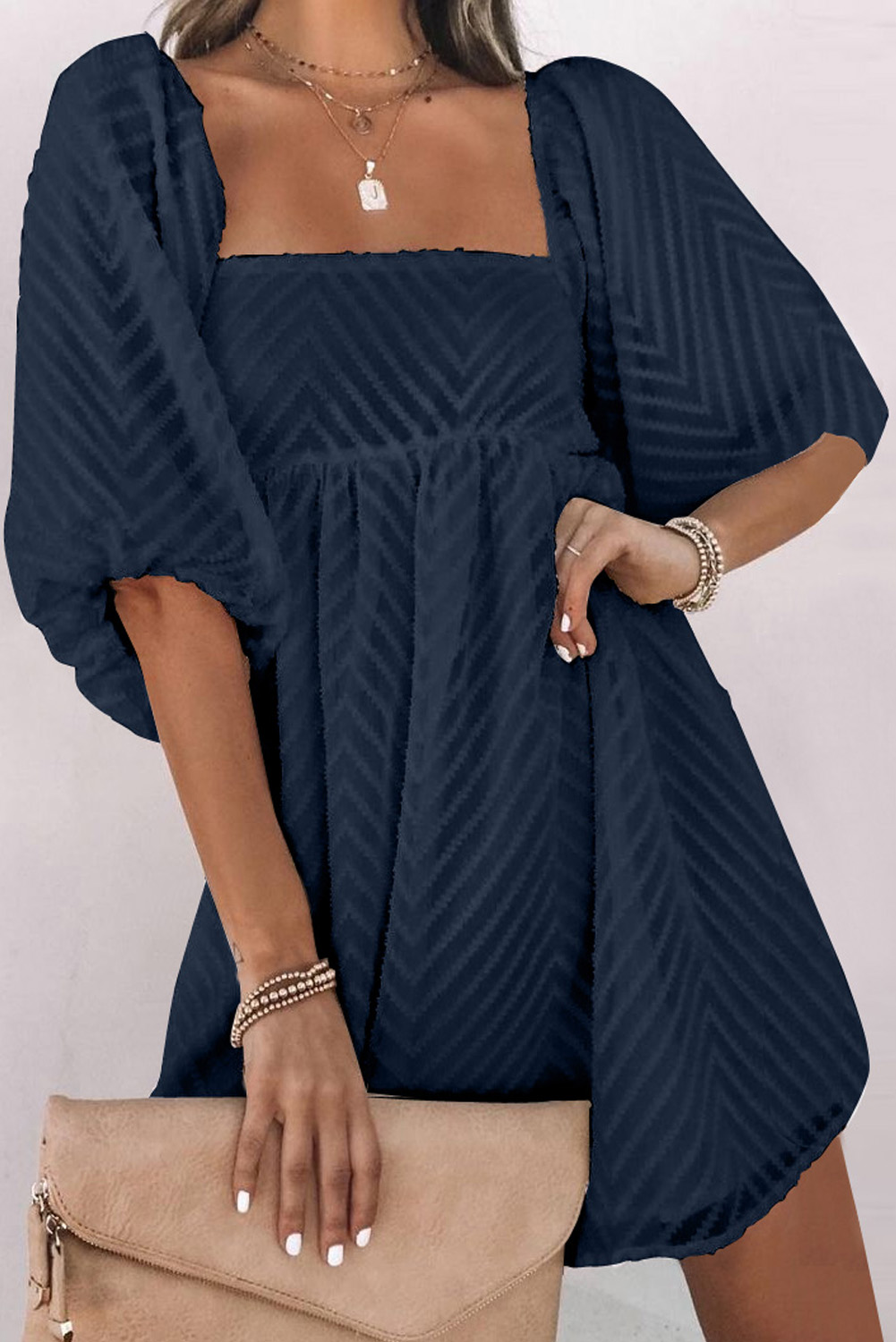 US$ 10.24 Drop-shipping Blue Square Neck Puff Sleeve Babydoll Mini ...