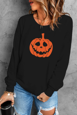 Black Halloween Funny Pumpkin Print Pullover Sweatshirt