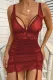 Fiery Red Deep V Neck Ruched Transparent Lace Mesh Chemise