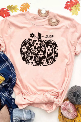 Pink Pumpkin Floral Graphic Print Short Sleeve T Shirt