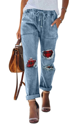 Plaid/Camo/Leopard Patches Cotton Pocketed Denim Jeans