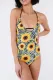 Yellow Sunflower Halter Neck Criss Cross One-piece Swimwear