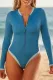 Sky Blue Colorblock Trim Zip Front Long Sleeve Rash Guard Swimsuit