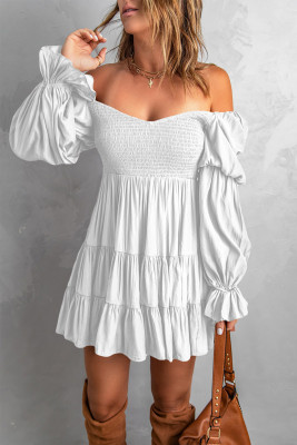 White Boho Solid Shirred Ruffle Mini Dress
