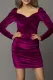 Fuchsia Knotted Bust Puff Sleeve Ruched Velvet Dress