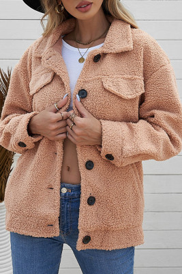 Brown Buttons Turn-down Collar Sherpa Coat