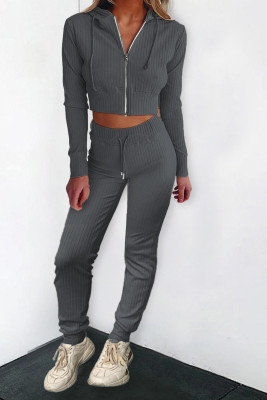 Gray Ribbed Knit Cropped Hoodie and Jogger Two Piece Set