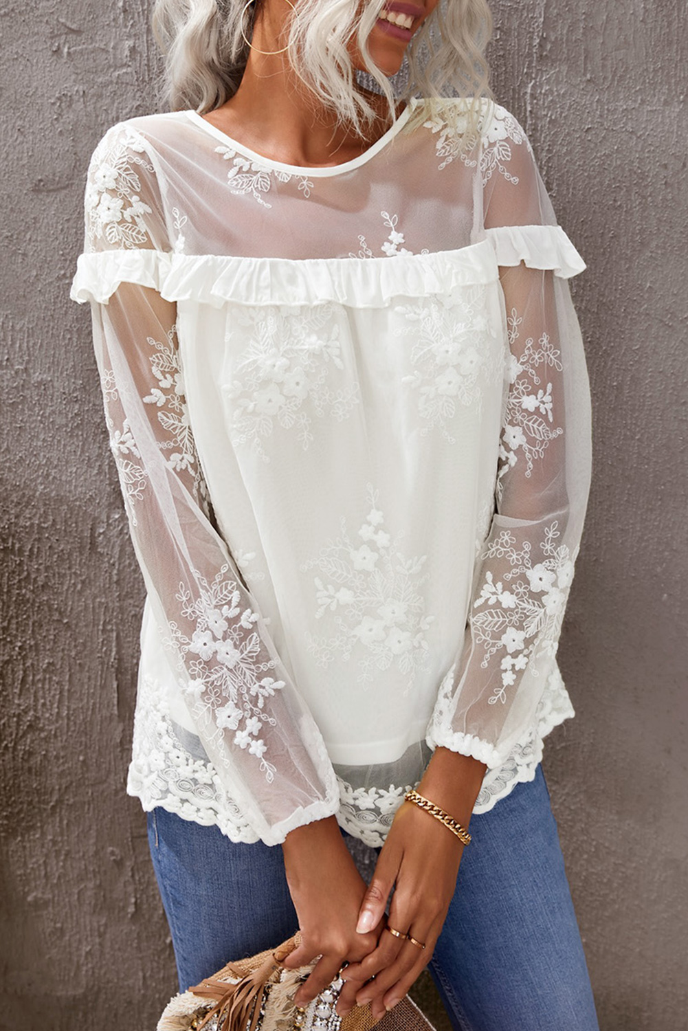 Mesh Ruffle Top US$ 9.09 Drop-shipping White Solid Color Crewneck Lace Mesh Ruffle Top ...