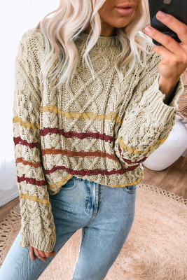 Khaki Striped Color Block Textured Knit Pullover Sweater