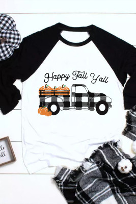 Black Happy Fall Yall Pumpkin Truck Graphic Print Color Block Top