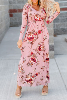 Pink  Wrapped V Neck Floral Long Sleeve Empire Maxi Dress