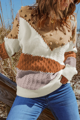 Khaki Colorblock Patchwork Pom Pom Knit Sweater