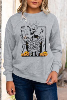 Gray Skeleton Pumpkin Print Long Sleeve Sweatshirt