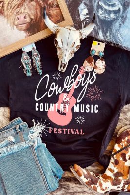 T-shirt à manches courtes à imprimé graphique et lettre de guitare Cowboys noir