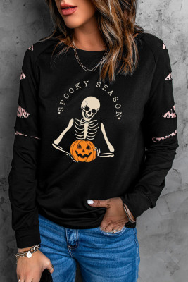 Black Skeleton Pumpkin Print Leopard Contrast Graphic Sweatshirt