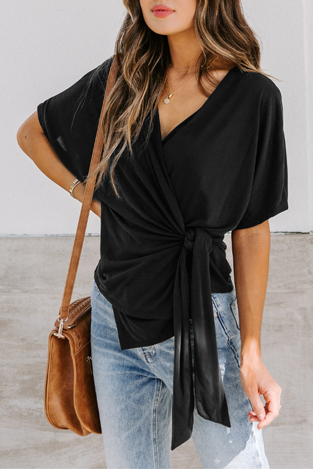US$ 6.79 Drop-shipping Black Short Sleeve Wrap Top for Women