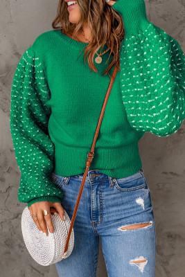Green Textured Bubble Sleeve Knit Sweater