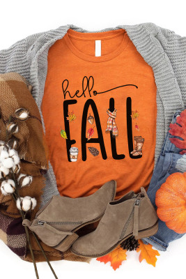Orange Hello Fall Graphic Print Short Sleeve T Shirt