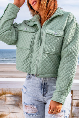 Green Quilted Pocketed Zip-up Cropped Jacket
