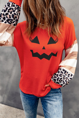 Czerwony Halloween Funny Face Print Stripe Leopard Color Block Top
