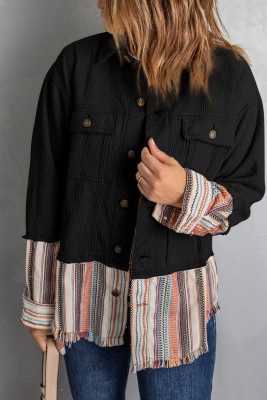 Black Button Up Pockets Striped Color Block Corduroy Jacket
